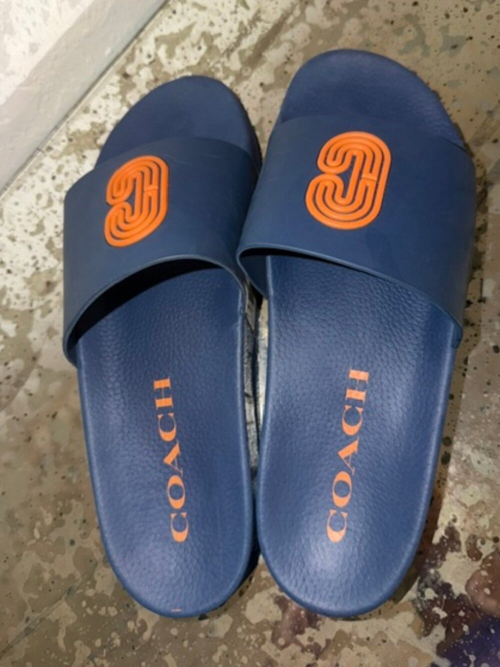Coach Men Navy Slides with Orange Logo Size 10